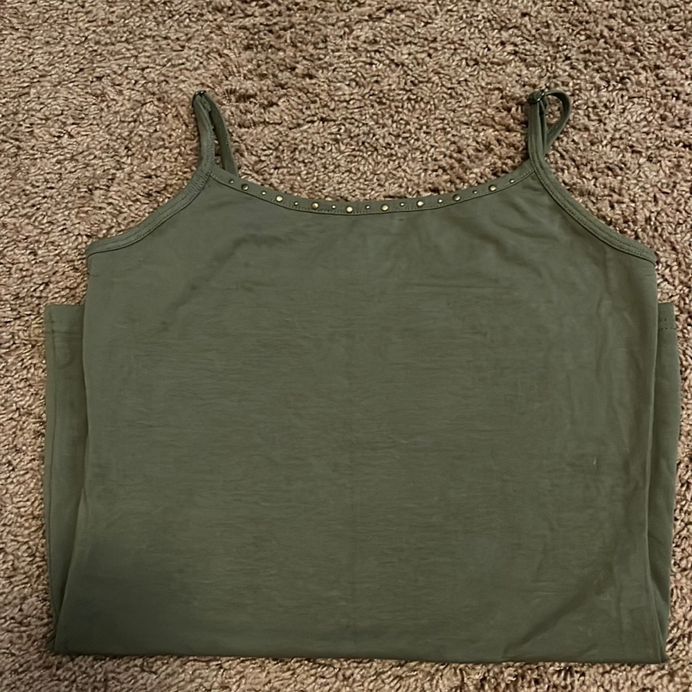 Maurices Army green spaghetti strap tank top with gold studs on neckline.